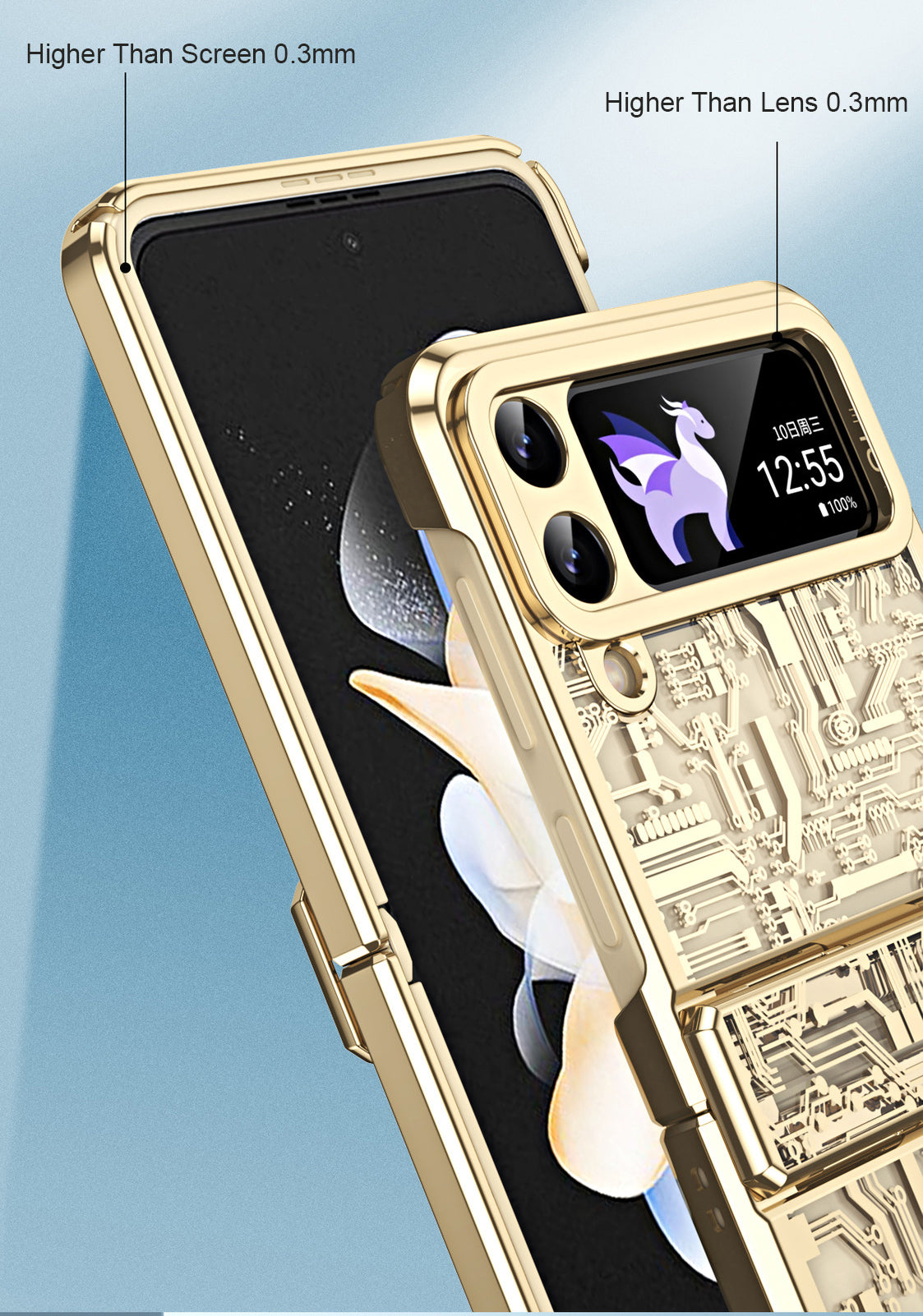 Luxus, galvanizált, átlátszó mechanikus telefontok csuklópánttal Galaxy Z Flip3/Z Flip4 készülékhez